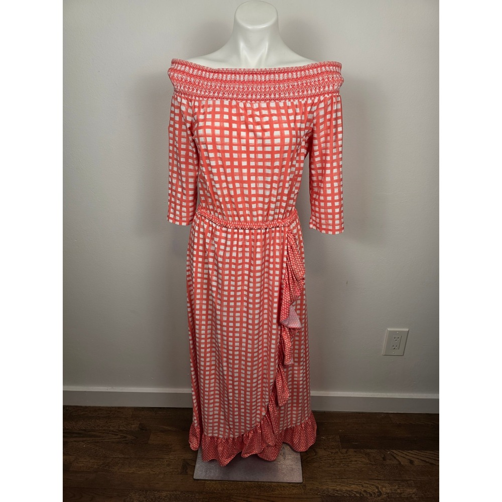 Cabana‎ Life Off Shoulder Smocked Gingham Maxi Dress Coral White Size M